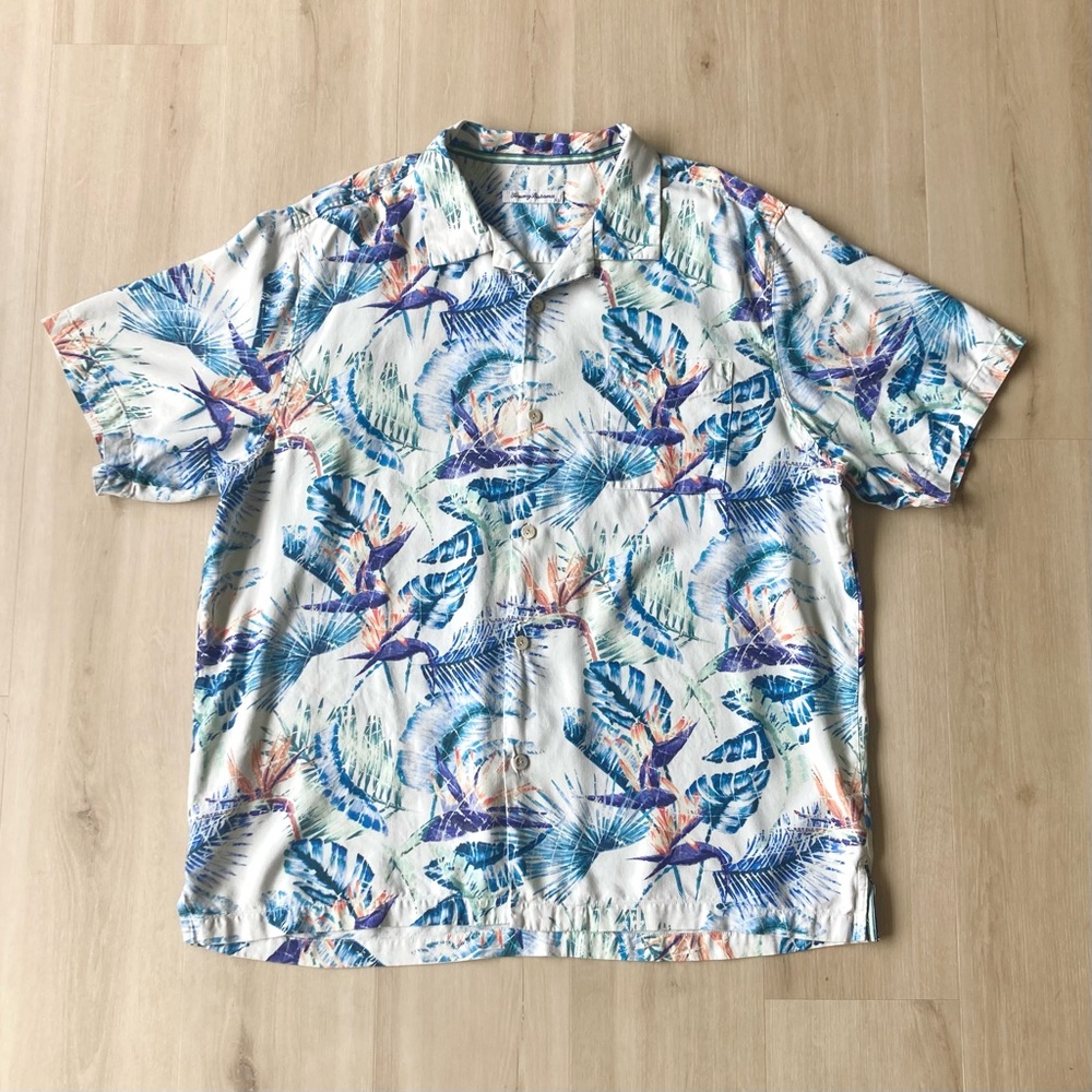 Tommy Bahama Silk Camp Shirt Bird of Paradise Gray, Blue, Green, Coral XL